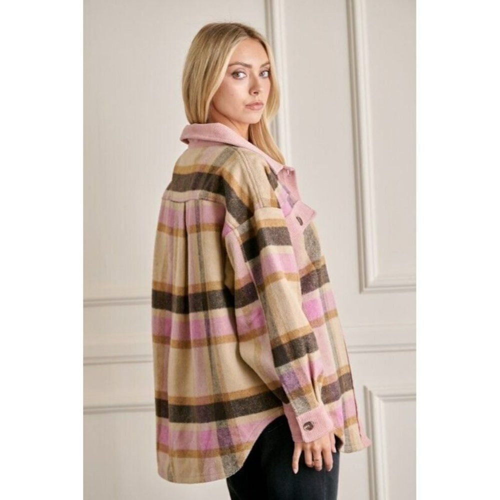 SALE! GeeGee Clothing Pink Plaid Button Up Shirt Jacket Shacket Mauve SJ1798 - Picture 4 of 5
